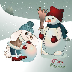dog boy dressed in a brown jacket with fur and a blue hat sculpts a snowman, color vector illustration