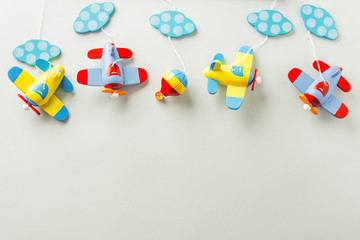 Fototapeta premium Baby toys wooden plane flat lay