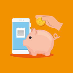 piggy bank with smartphone and hand vector illustration design