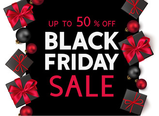  Black friday sale design template. Decorative gift boxes with red bow and text. Vector illustration