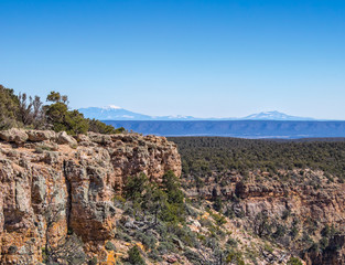 Pipe Creek Vista, Grand Canyon, Arizona with snow capped mountains, the San Francisco Peaks in the distance in the spring