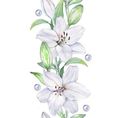 Obraz na płótnie Canvas Seamless border of white lilies. Watercolor illustration. Hand drawing. Decorative item suitable for Wallpaper, wrapping paper and backgrounds, postcards and wedding invitations