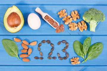 Ingredients containing omega 3 acids, unsaturated fats and fiber, healthy nutrition and acid diet...
