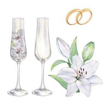3. Wedding set with lilies, glasses and rings. Isolated on white background. Perfect for greeting cards and invitations. Watercolor illustration. Hand drawing