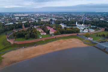 View of the Kremlin of Veliky Novgorod on a cloudy September day (aerial photography). Russia