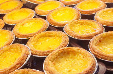 Many Egg custard tart on the tray,close up,dessert.