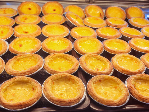 Many Egg Custard Tart On The Tray,close Up,dessert.