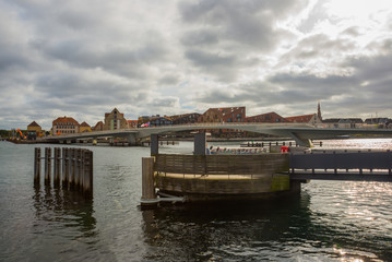 COPENHAGEN, DENMARK: Beautiful panoramic view from the waterfront to the buildings and the river.