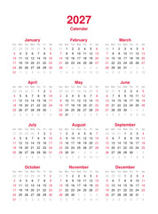 Calendar 2027 - 12 months yearly vector calendar in year 2027 - calendar template - planner calendar