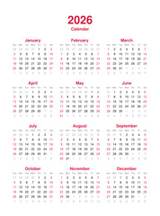 Calendar 2026 - 12 months yearly vector calendar in year 2026 - calendar template - planner calendar