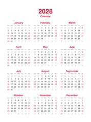 Calendar 2028 - 12 months yearly vector calendar in year 2028 - calendar template - planner calendar