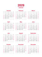 Calendar 2029 - 12 months yearly vector calendar in year 2029 - calendar template - planner calendar