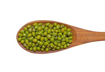 Moong,mung bean or Green bean, nut,peas in wooden spoon isolated on white background.Scientific name is Vigna radiate.top view and close up. Take photo at studio.
