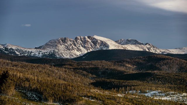 View of white peaks of the Rock Mountains in Colorado near Grand Lake in the USA.