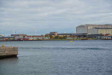 COPENHAGEN, DENMARK: Beautiful panoramic view from the waterfront to the buildings, boats and the...