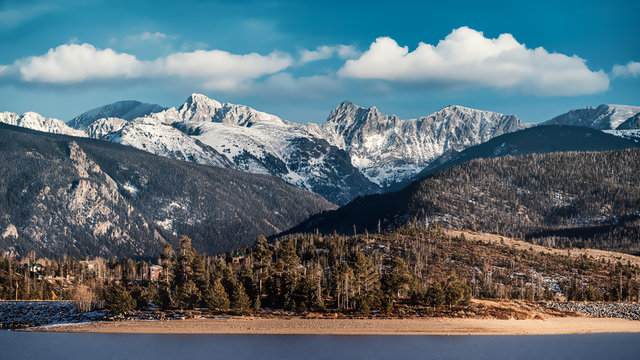 View of white peaks of the Rock Mountains in Colorado near Grand Lake in the USA.