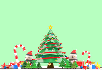 Obraz na płótnie Canvas 3D Render Background images of the Christmas and Happy New Year concept. There are Snowman, Christmas trees, gift boxes, and shining toys. On a beautiful red background.