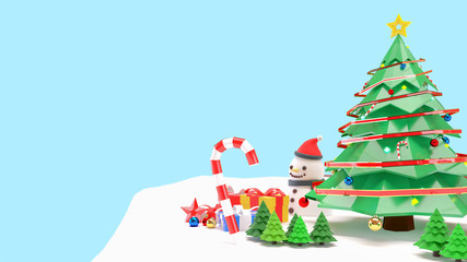 3D Render Background images of the Christmas and Happy New Year concept. There are Snowman, Christmas trees, gift boxes, and shining toys. On a beautiful red background.