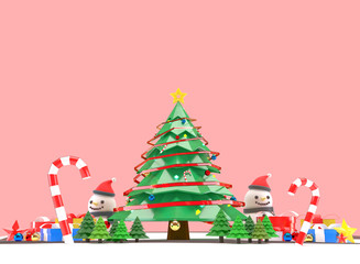 Naklejka premium 3D Render Background images of the Christmas and Happy New Year concept. There are Snowman, Christmas trees, gift boxes, and shining toys. On a beautiful red background.