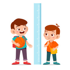 happy cute kid boy measure height together