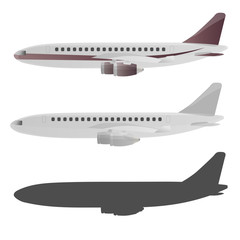 Set of airplanes vector illustration. Airline transportation concept. Vector plane with burgundy stripes on a white background. Airplane side, front. Vector illustration of an airplane.