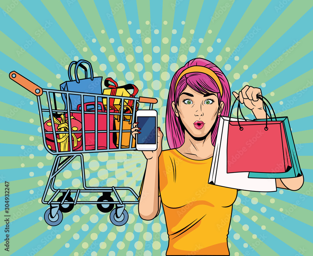 Sticker Woman with shopping bag retro vector design