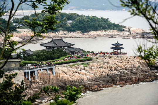 Putuoshan Mountain is the abode of Goddess of mercy Guanyin Buddhist statue and one of the four sacred Buddhist mountains in Zhoushan, Zhejiang, China, 