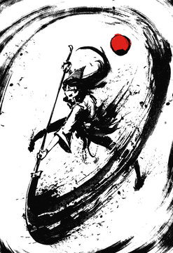 A furious samurai makes a circular cut with a halberd describing an inky circle behind him, on a white background . 2D illustration.