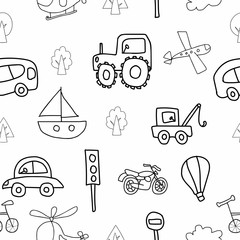 Children's transport vector seamless pattern black line with cars, buses, bike ride, tractor, airplane and yacht on a white isolated background. Design for coloring and wrapping paper.