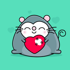 cartoon mouse with a big red heart with a white patch holds in his hands. doodle style. Vector illustration