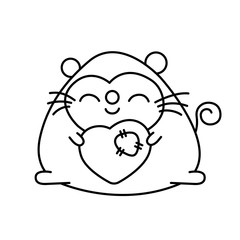 mouse and a big heart with a patch hold in hands. Black contour on white background. сoloring. Vector illustration