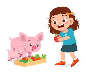 happy cute kid girl feeding cute pig