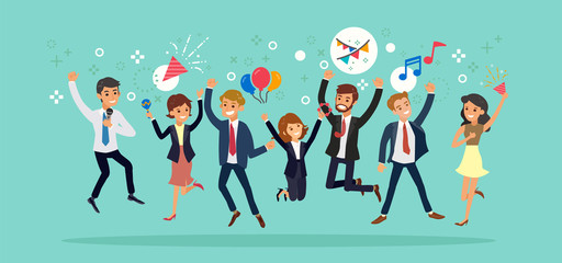 Happy business team jumping. Karaoke party celebration concept vector cartoon illustration.
