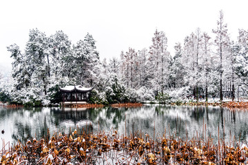 The beautiful Snow winter landscape scenery of Xihu West Lake and pavilion with garden in Hangzhou...