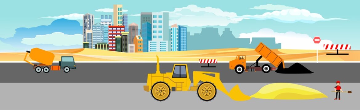  Road repair service , road repair process, road with machines and workers, vector