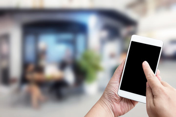 Food delivery service for order online shopping concept on touch screen of smatphone on woman hand service express that is cooked by restaurant. Business and technology with lifestyle in city.