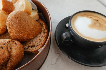Istanbul, Turkey Coffee and bread at an outdoor cafe.