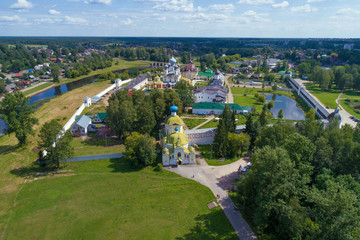 View of the Tikhvin Virgin Assumption Monastery on a sunny July day (aerial photography). Russia