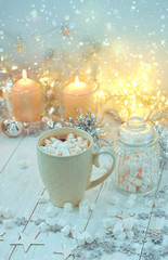 Cup of coffee and new year decor. Christmas and new year holiday concept. close up, shallow depth