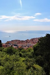View to adriatic sea and Piran City Center. Overlooking viewpoint.