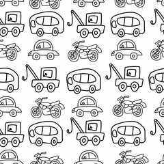 Children's transport vector seamless pattern black line with cars, buses, bike ride, tractor, airplane and yacht on a white isolated background. Design for coloring and wrapping paper.