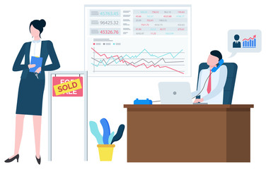 Brokers collaboration of man and woman, board with capital report. Manager calling and working with laptop, investment and income, business strategy vector