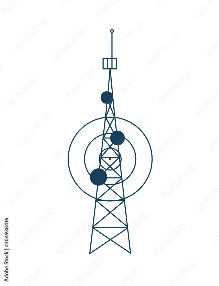 Poster satellite tower vector, isolated station sharing connection flat style construction for cellular com