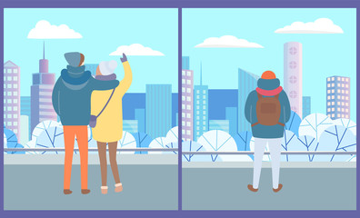 People walking in winter city vector, man and woman couple cuddling and strolling. Cityscape with skyscrapers and bushes covered with snow, male alone