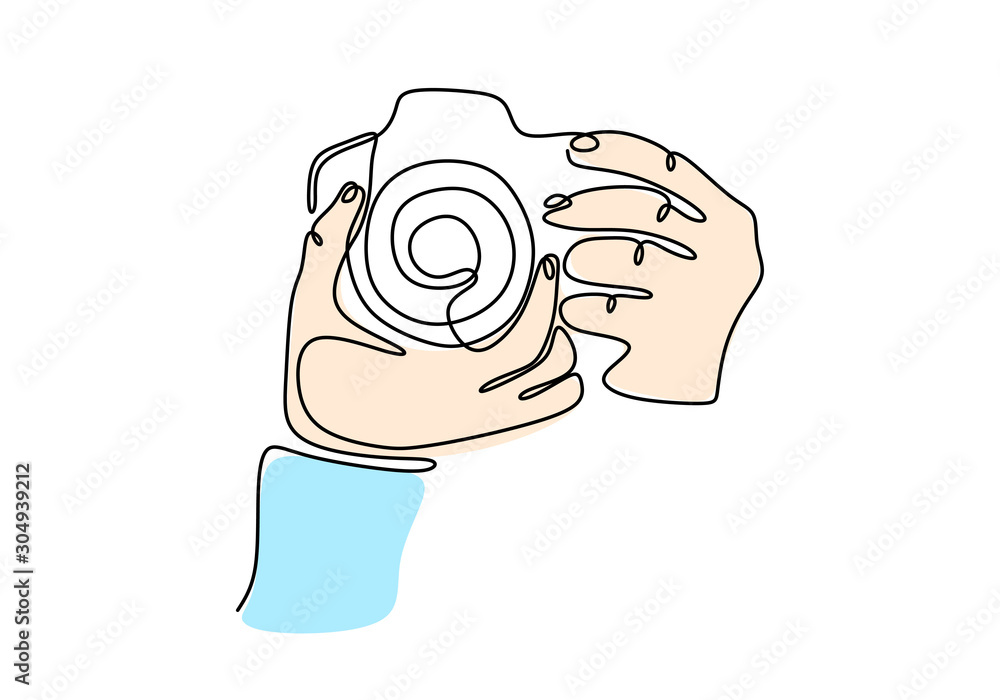 Poster continuous one line drawing of taking picture with dslr camera.