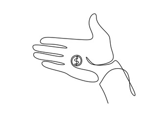 Continuous one line drawing of hand holding money of dollar coin. Vector illustration simplicity sketch hand drawn minimalism.