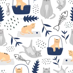 Tapeten Nahtloses Muster der netten Katzen mit lustigen Tierpastellfarben. Vektorillustration handgezeichnete kindische Zeichnung im skandinavischen Stil für Modetextildruck. © ngupakarti