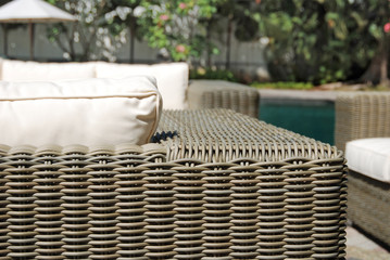 Fototapeta premium Artistic Ethnic Classy Modern Elegant Luxury Indoor Home Interiors and Outdoor Garden Park Furniture Table Chair Cabinet Accessories from Rattan Plastic Wicker or Wooden Materials for Hotel and House 