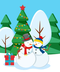 Two happy snowmen stand in snowy winter forest. Alive unreal characters from snowballs. Holiday decoration like garland on fir tree and present box. Vector illustration of personages made of snow
