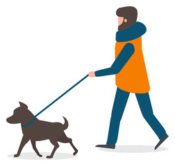 Man walking dog on leash vector, isolated character in flat style. Male wearing winter clothes thick jacket and scarf. Bearded personage takes care of canine animal at weekends. Strolling with doggy